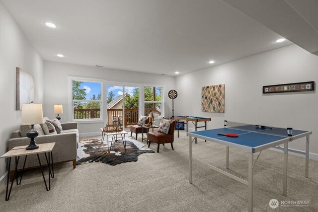9304 S 223rd Pl, Kent, WA 98031 - recreation room featuring carpet flooring, baseboards, and recessed lighting