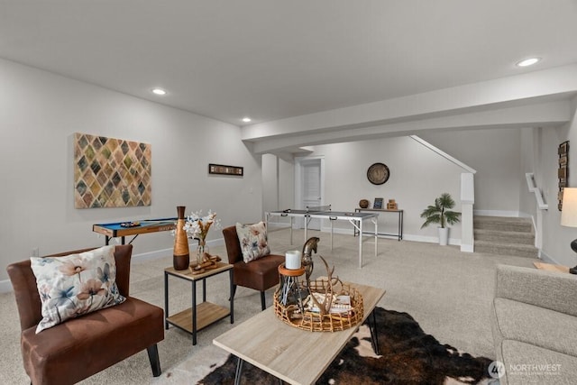9304 S 223rd Pl, Kent, WA 98031 - carpeted living room featuring stairway, baseboards, recessed lighting, and billiards table