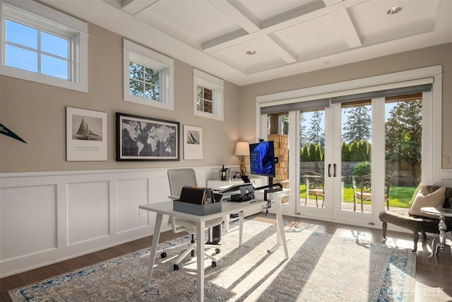 9420 NE 31st St, Clyde Hill, WA 98004 - office featuring french doors, coffered ceiling, wood finished floors, beamed ceiling, and a decorative wall