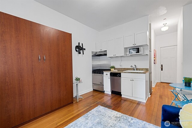 129 Warren Ave N Unit 18, Seattle, WA 98109 - kitchen featuring stainless steel appliances, a sink, under cabinet range hood, and light wood-style floors