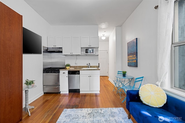 129 Warren Ave N Unit 18, Seattle, WA 98109 - kitchen with appliances with stainless steel finishes, a sink, wood-type flooring, and under cabinet range hood