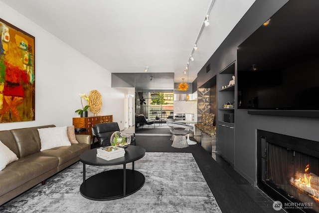 1425 Western Ave Unit L308, Seattle, WA 98101 - living area featuring rail lighting and a lit fireplace