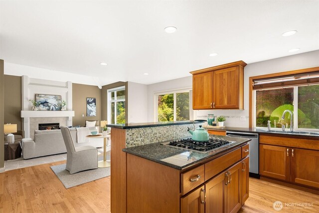 235 249th Pl NE, Sammamish, WA 98074 - kitchen with stainless steel appliances, a sink, light wood-type flooring, decorative backsplash, and recessed lighting