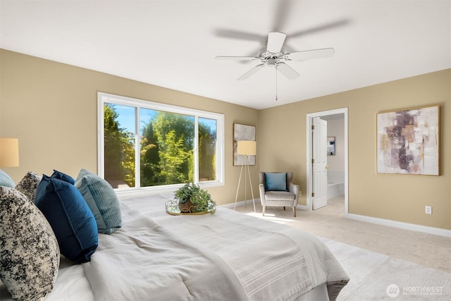 235 249th Pl NE, Sammamish, WA 98074 - bedroom featuring light carpet, baseboards, ensuite bath, and ceiling fan