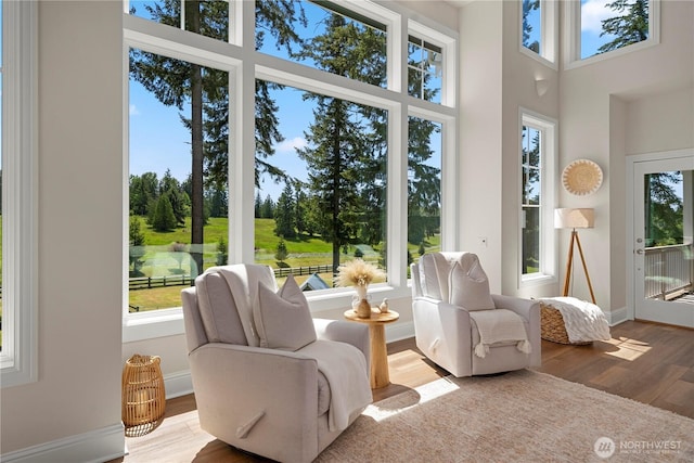 16006 288th St E, Graham, WA 98338 - sunroom with wood finished floors, baseboards, and a high ceiling