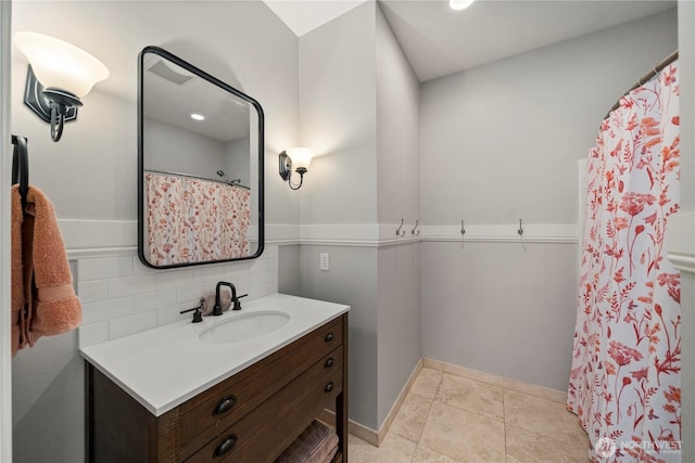 16006 288th St E, Graham, WA 98338 - full bath with vanity, backsplash, a shower with shower curtain, and baseboards
