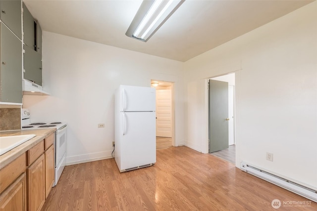 3827 S Morgan St, Seattle, WA 98118 - kitchen featuring white appliances, a baseboard heating unit, under cabinet range hood, light wood-style flooring, and light countertops