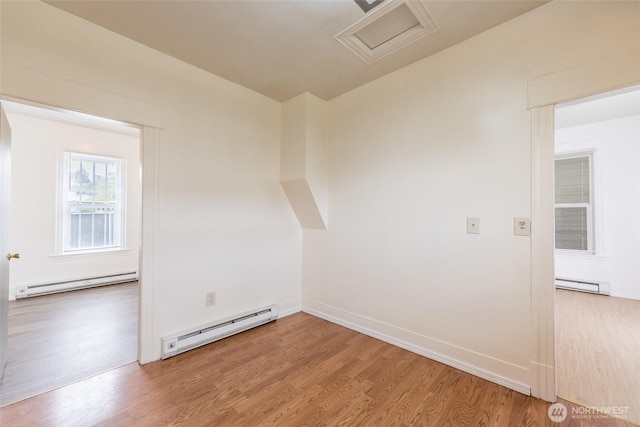 3827 S Morgan St, Seattle, WA 98118 - spare room with a baseboard radiator, a baseboard heating unit, attic access, and light wood-style floors
