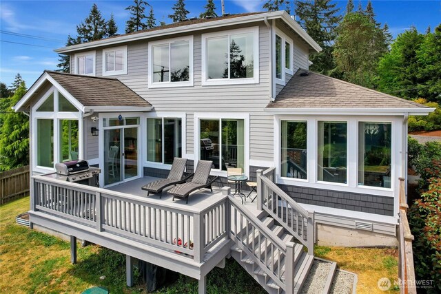 11572 NE Skyward Loop, Kingston, WA 98346 - rear view of house with a shingled roof and a deck