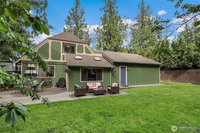 3904 Ridge Way, Mount Vernon, WA 98273 - back of house with a patio, outdoor lounge area, roof with shingles, and board and batten siding