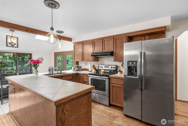 3904 Ridge Way, Mount Vernon, WA 98273 - kitchen with stainless steel appliances, under cabinet range hood, a sink, tile counters, and a peninsula