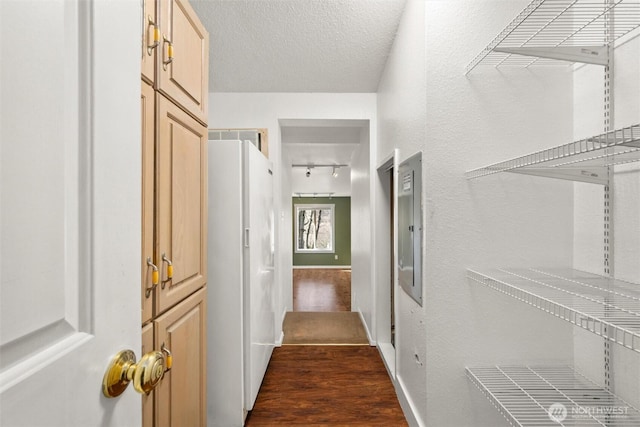4241 Rural Ave, Bellingham, WA 98226 - hallway featuring dark wood-style flooring, a textured ceiling, track lighting, and a textured wall