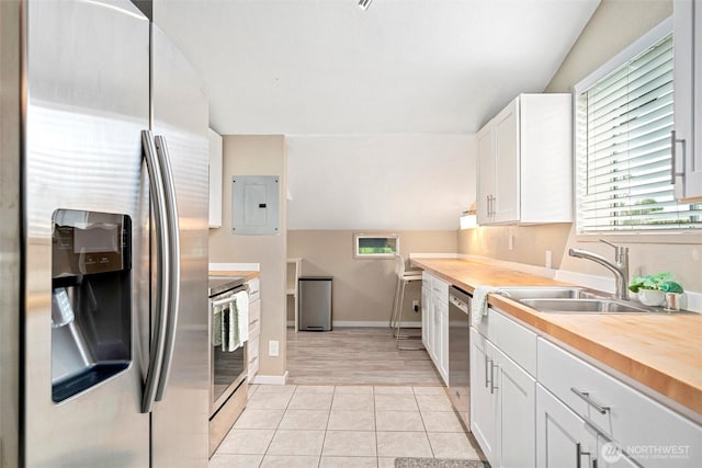 4241 Rural Ave, Bellingham, WA 98226 - kitchen featuring appliances with stainless steel finishes, electric panel, a sink, white cabinetry, and wooden counters