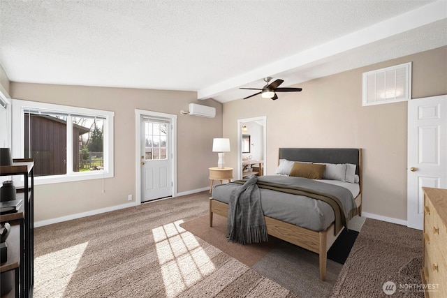 4241 Rural Ave, Bellingham, WA 98226 - carpeted bedroom featuring vaulted ceiling, a wall unit AC, a textured ceiling, baseboards, and a ceiling fan