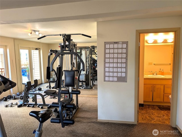 6960 California Ave SW Unit A104, Seattle, WA 98136 - exercise room featuring a sink and dark carpet