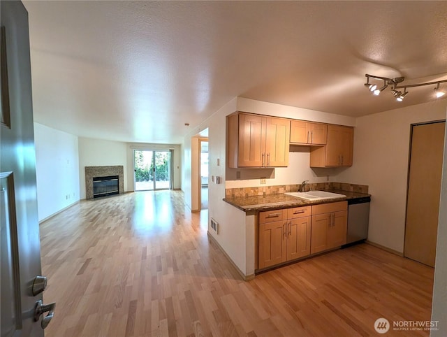 6960 California Ave SW Unit A104, Seattle, WA 98136 - kitchen featuring stainless steel dishwasher, light wood-style flooring, a glass covered fireplace, dark countertops, and open floor plan