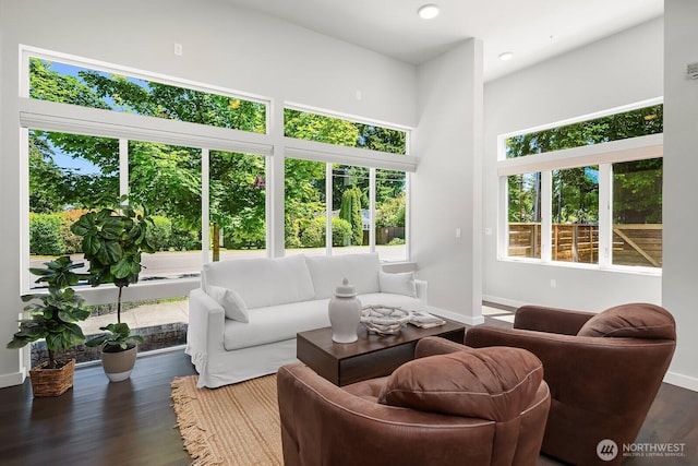 13329 1st Ave NE, Seattle, WA 98125 - living area featuring baseboards, wood finished floors, recessed lighting, and a towering ceiling