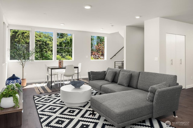 13329 1st Ave NE, Seattle, WA 98125 - living area with baseboards, wood finished floors, and recessed lighting