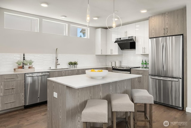 13329 1st Ave NE, Seattle, WA 98125 - kitchen with stainless steel appliances, under cabinet range hood, a sink, a kitchen breakfast bar, and tasteful backsplash