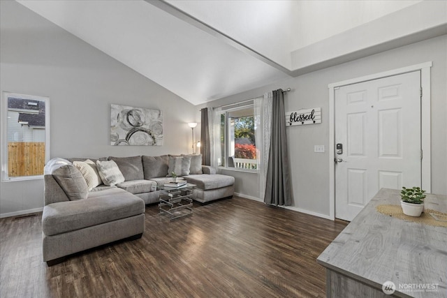 20111 74th Avenue Ct E, Spanaway, WA 98387 - living room featuring dark wood-style floors, baseboards, and high vaulted ceiling