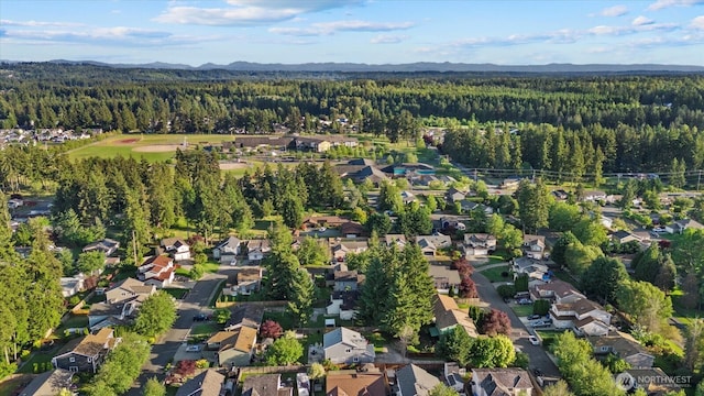 20111 74th Avenue Ct E, Spanaway, WA 98387 - aerial overview of property's location with a forest, nearby suburban area, and a mountainous background