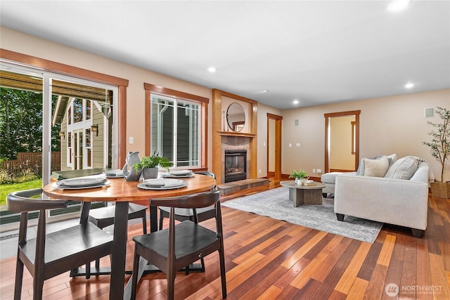 3276 Spyglass Dr, Bellingham, WA 98226 - living area featuring hardwood / wood-style flooring, a tile fireplace, and recessed lighting