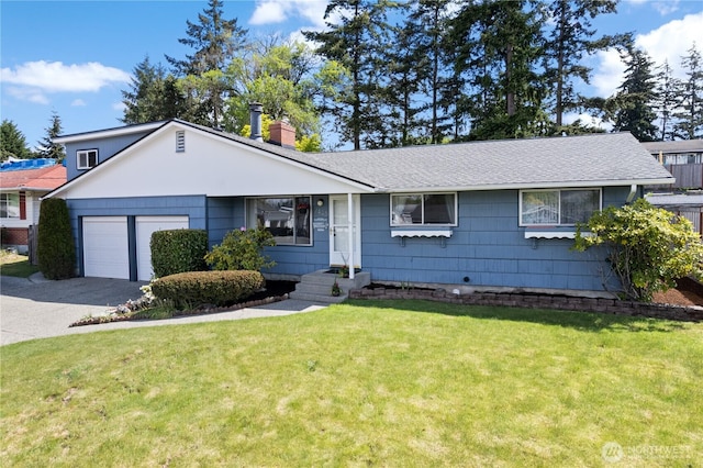 7425 S Alaska St, Tacoma, WA 98408 - ranch-style home with an attached garage, a chimney, concrete driveway, a front yard, and roof with shingles