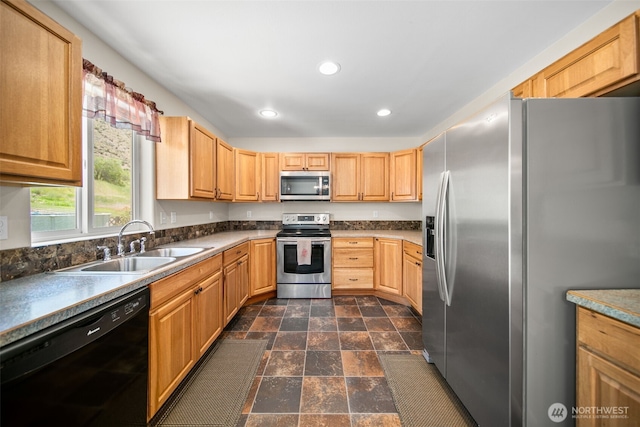 6132 Entiat River Rd, Entiat, WA 98822 - kitchen featuring stainless steel appliances, recessed lighting, a sink, and dark stone finish flooring