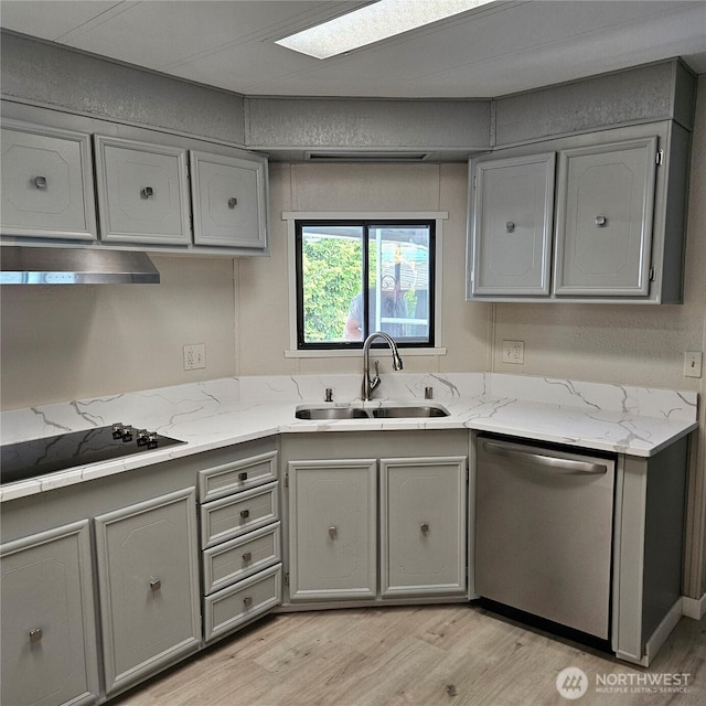 7031 NE 175th St Unit 20, Kenmore, WA 98028 - kitchen with stainless steel dishwasher, gray cabinetry, a sink, under cabinet range hood, and black electric stovetop