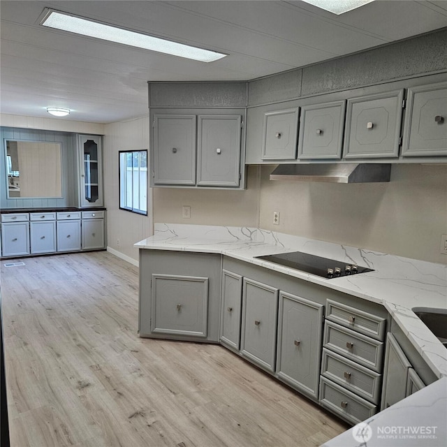 7031 NE 175th St Unit 20, Kenmore, WA 98028 - kitchen with gray cabinetry, black electric cooktop, light wood-type flooring, and under cabinet range hood