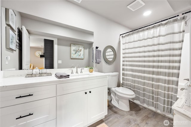 9968 Griffith Pl, Entiat, WA 98822 - bathroom with wood finished floors, toilet, vanity, and a shower with shower curtain