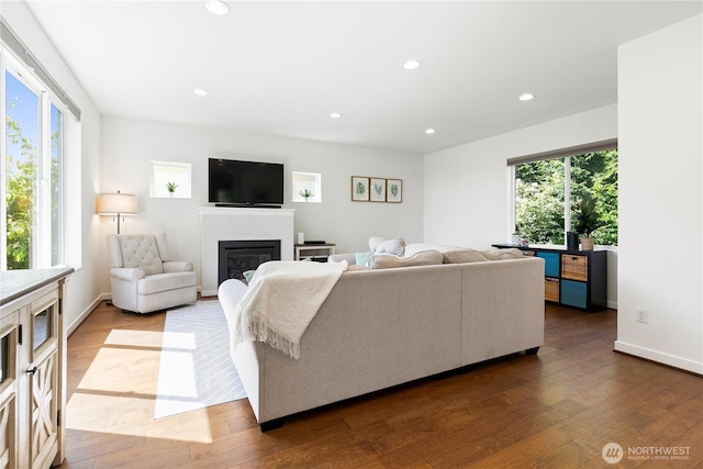2736 SW Holden St, Seattle, WA 98126 - living room with a glass covered fireplace, dark wood-style floors, and recessed lighting
