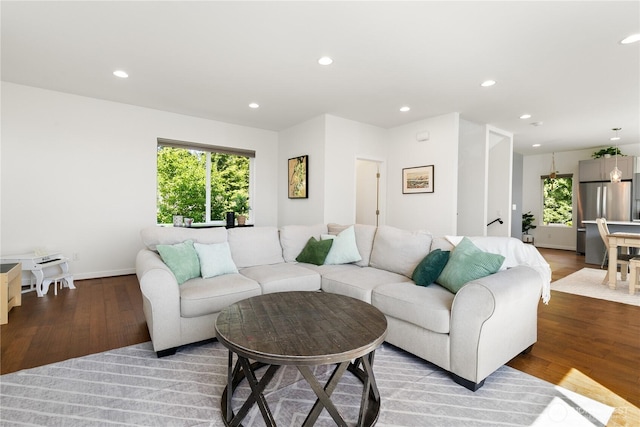 2736 SW Holden St, Seattle, WA 98126 - living room featuring wood finished floors, recessed lighting, and plenty of natural light