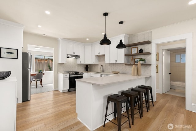4607 1st Ave NE, Seattle, WA 98105 - kitchen featuring stainless steel appliances, under cabinet range hood, a peninsula, open shelves, and a breakfast bar