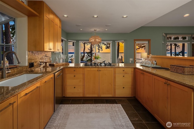 2 Edgewater Dr, Camano Island, WA 98282 - kitchen featuring stainless steel dishwasher, gas stovetop, recessed lighting, decorative backsplash, and stone counters