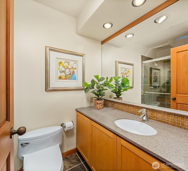 2 Edgewater Dr, Camano Island, WA 98282 - bathroom featuring vanity, decorative backsplash, an enclosed shower, recessed lighting, and tile patterned flooring