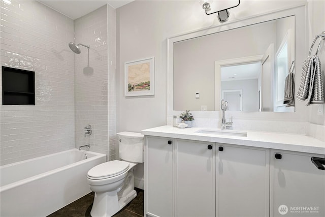 12811 SE 44th Pl, Bellevue, WA 98006 - bathroom with toilet, vanity, bathtub / shower combination, and tile patterned floors