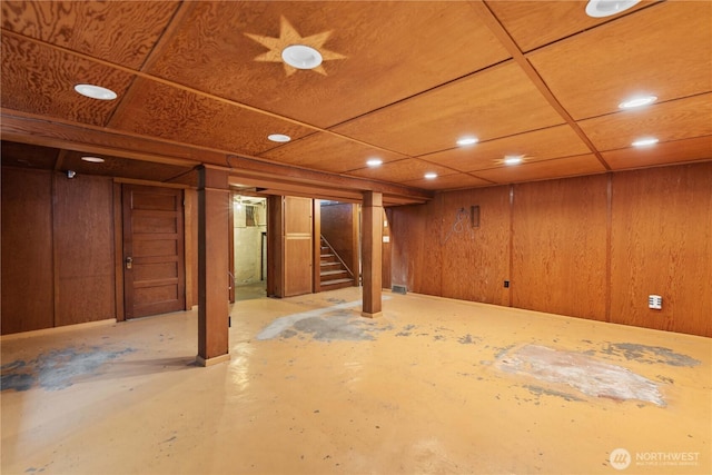 912 Highland Dr, Wenatchee, WA 98801 - finished basement with stairs, recessed lighting, and wood walls