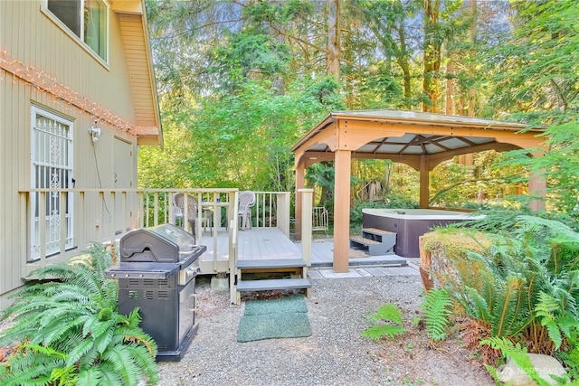 64455 NE 180th St, Baring, WA 98224 - view of patio / terrace featuring a hot tub, a deck, a gazebo, and a grill