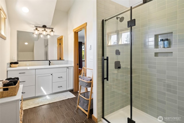 720 Stone Ridge Dr, Cle Elum, WA 98922 - bathroom featuring vanity, a shower stall, and tile patterned flooring
