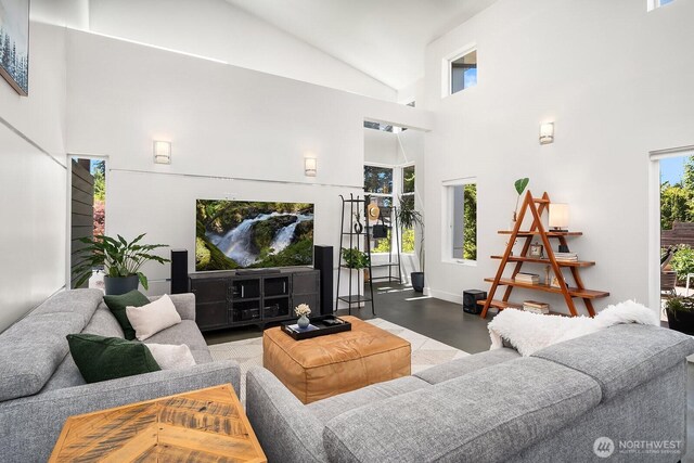 8622 NE 177th Pl, Bothell, WA 98011 - living room featuring high vaulted ceiling and baseboards