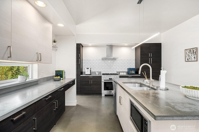 8622 NE 177th Pl, Bothell, WA 98011 - kitchen featuring a sink, stainless steel appliances, wall chimney exhaust hood, backsplash, and concrete floors