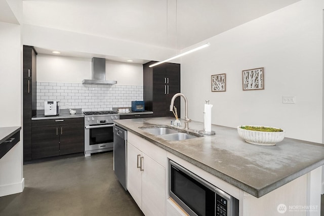 8622 NE 177th Pl, Bothell, WA 98011 - kitchen with wall chimney exhaust hood, stainless steel appliances, a sink, finished concrete floors, and decorative backsplash
