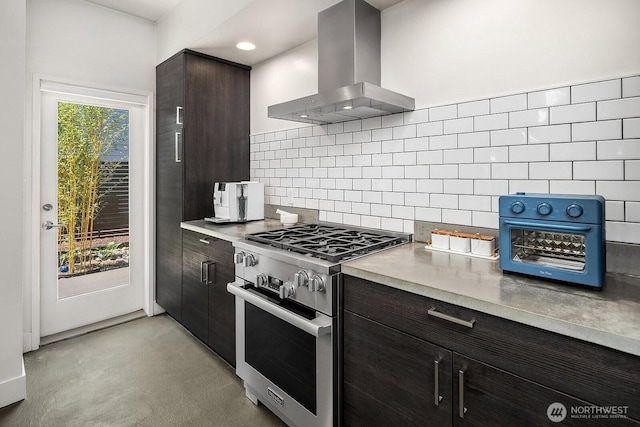 8622 NE 177th Pl, Bothell, WA 98011 - kitchen with stainless steel stove, range hood, tasteful backsplash, light countertops, and dark brown cabinetry