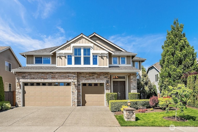 27528 SE 28th Ct, Sammamish, WA 98075 - craftsman-style house featuring board and batten siding, an attached garage, stone siding, and concrete driveway