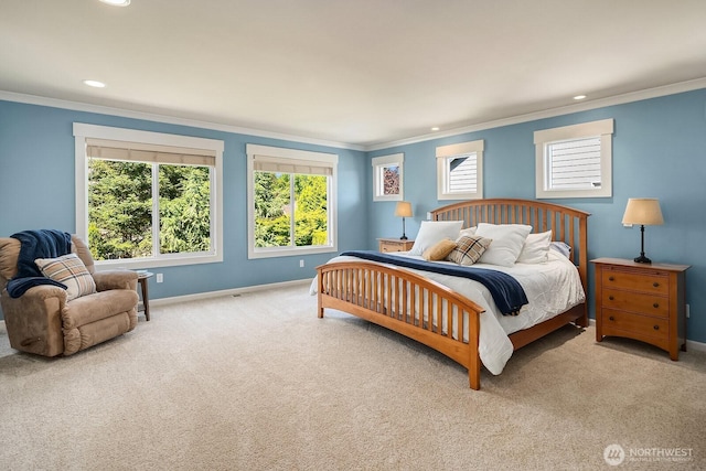 27528 SE 28th Ct, Sammamish, WA 98075 - bedroom featuring carpet, ornamental molding, baseboards, and recessed lighting