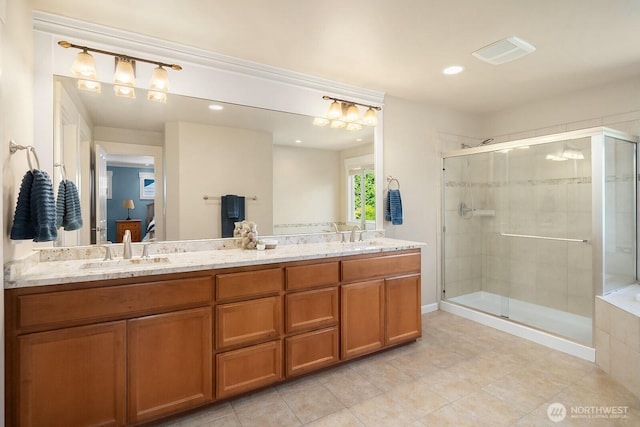 27528 SE 28th Ct, Sammamish, WA 98075 - full bathroom featuring double vanity, a stall shower, recessed lighting, and tile patterned flooring
