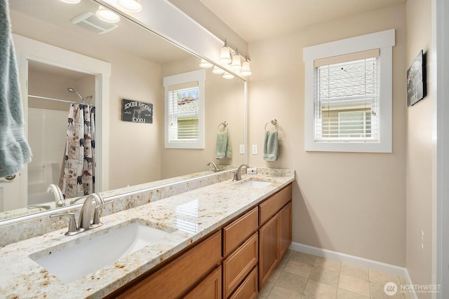 27528 SE 28th Ct, Sammamish, WA 98075 - full bathroom featuring baseboards, double vanity, tile patterned floors, and a shower with shower curtain