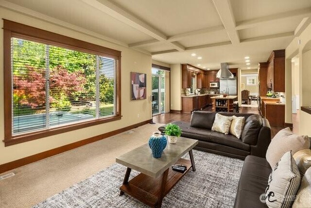 28816 118th Ave SE, Auburn, WA 98092 - living room with coffered ceiling, baseboards, beamed ceiling, recessed lighting, and carpet flooring