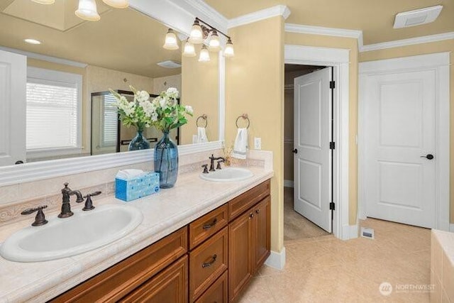 28816 118th Ave SE, Auburn, WA 98092 - full bathroom featuring double vanity, ornamental molding, and tile patterned floors